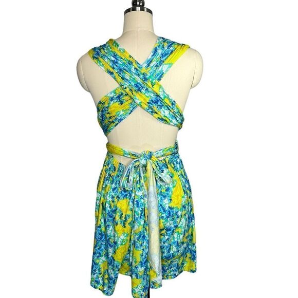 Yumi Kim Blue Yellow Floral Versatile Halter Romper | Size M - Picture 4 of 7